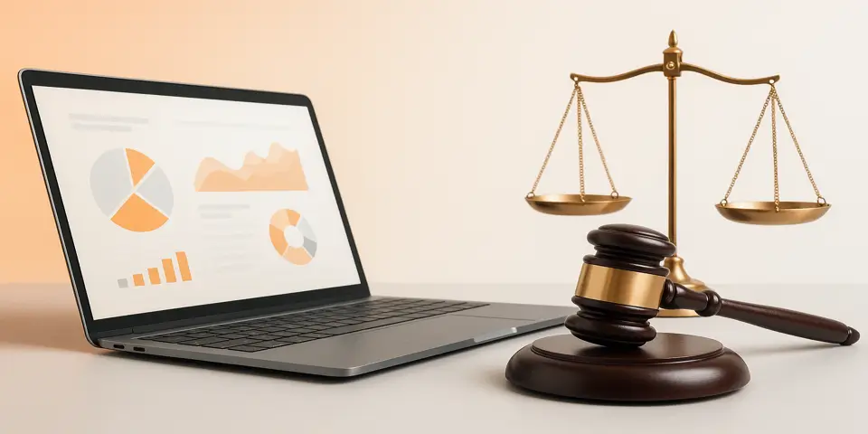 Laptop displaying digital law management dashboard.