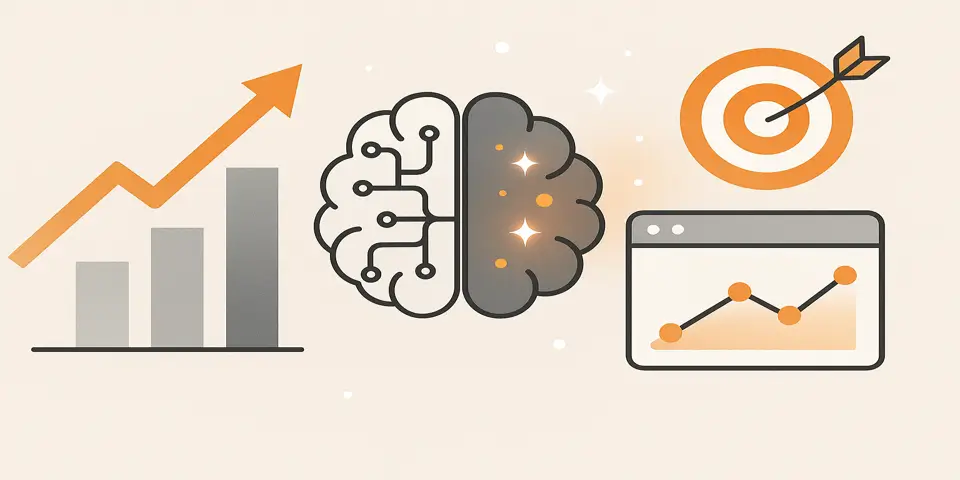 Digital icons representing AI, web strategies, and consumer service efficiency