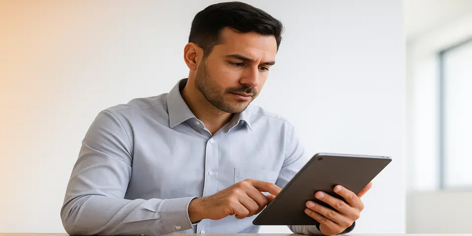Engineer analyzing digital dashboard for automated production insights