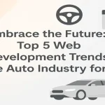 Futuristic car with digital icons representing web innovation in the auto industry