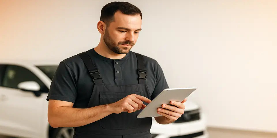 Mechanic using digital tablet to analyze car performance data