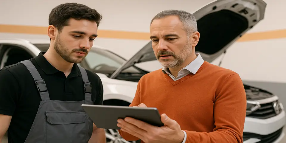 Team of mechanics and marketers collaborating with digital tools