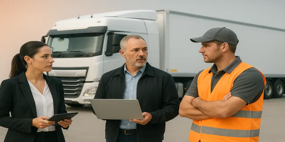 Team of logistics professionals discussing fleet operations using digital tools
