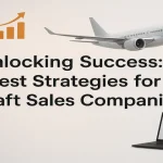 Strategic aircraft sales concept with modern jet and digital analytics visuals.