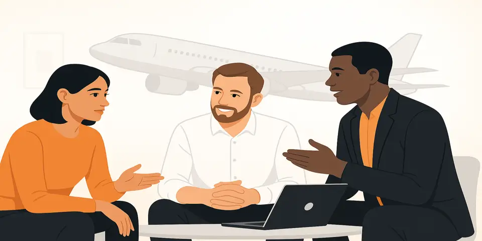 Team of professionals discussing aircraft sales strategies.