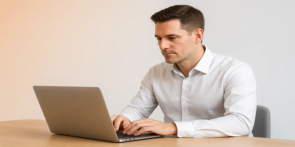 Business professional analyzing aircraft market data on laptop.