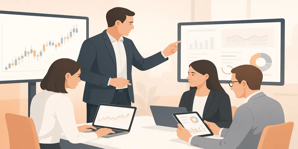 Team of financial experts discussing FX business strategies digitally.