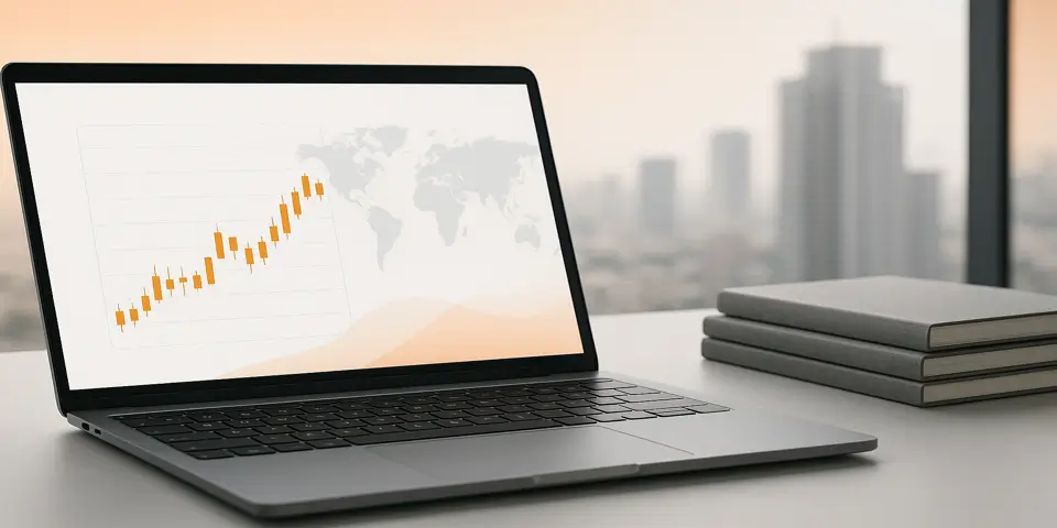 Laptop displaying FX market analytics and growth charts.
