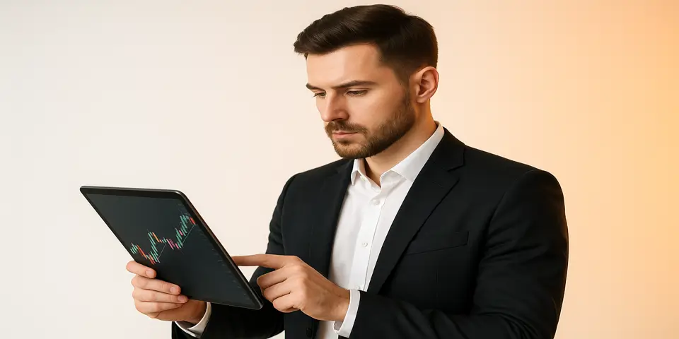 Professional analyzing digital FX market data on laptop.