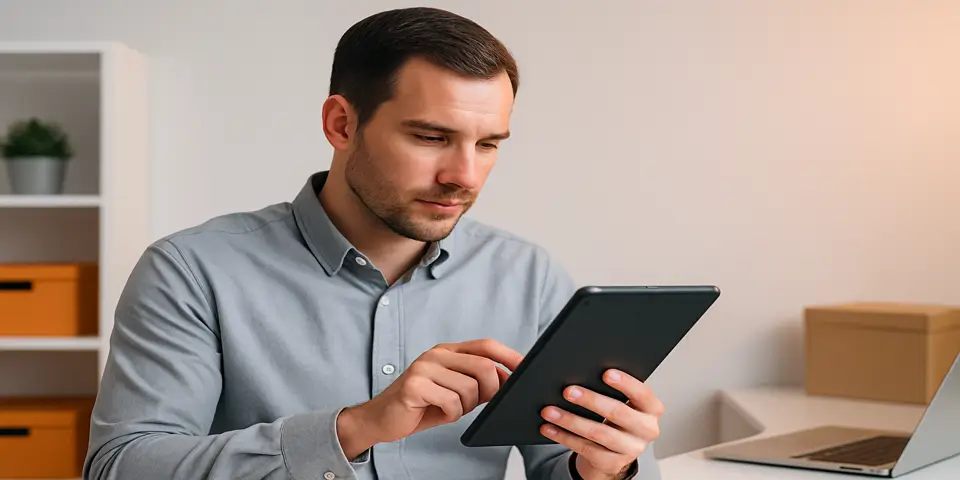 Professional using AI software for warehouse tracking.