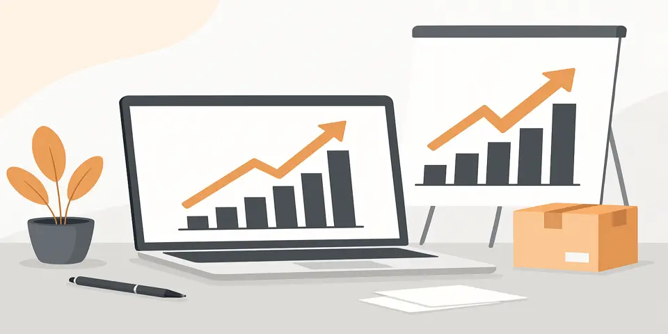 Laptop showing sales graph and product metrics dashboard.