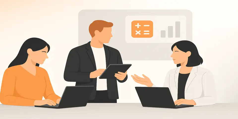 Team of professionals analyzing accounting data digitally.