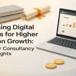 Laptop showing education growth dashboard beside books and diploma.