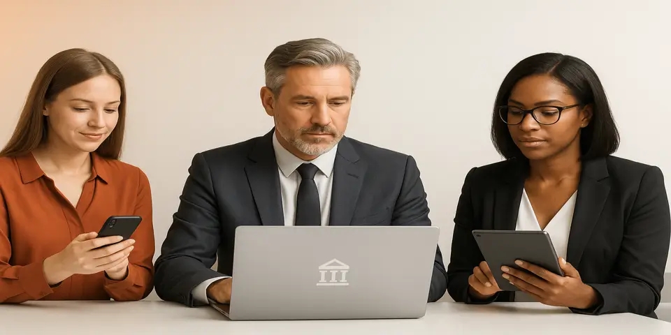 Team of banking professionals analyzing AI-driven data.