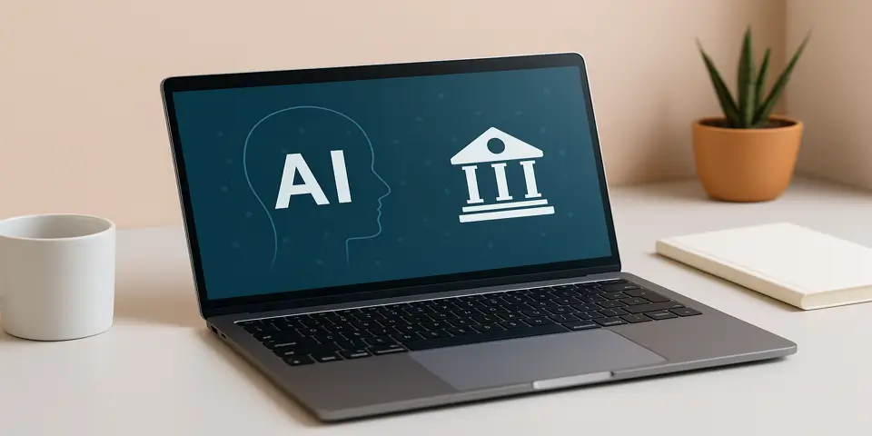 Laptop screen showing AI financial analytics and digital currency symbols.