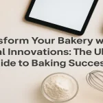 Modern bakery setup with pastries, bread, and digital tools on counter.