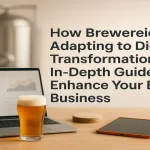 Brewery setup with beer barrels, digital screens, and brewing tools.