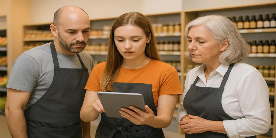 Team of grocery managers analyzing sales data digitally.