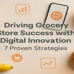 Grocery items with digital shopping icons and mobile dashboard.