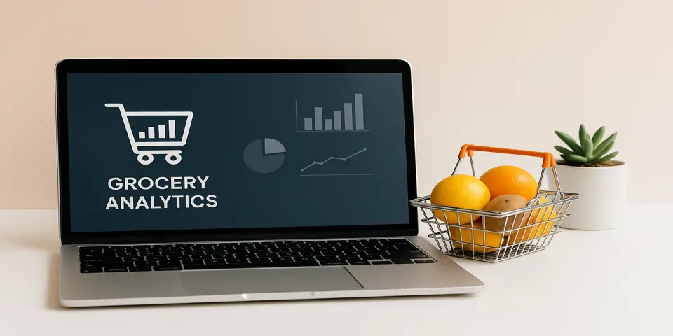 Laptop screen showing grocery store analytics dashboard.