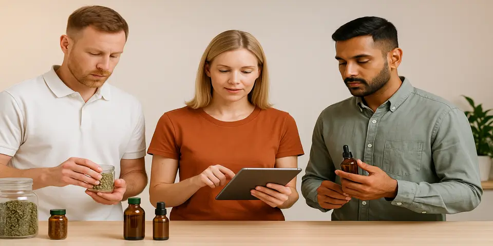 Team discussing herbal business strategies using digital tools.