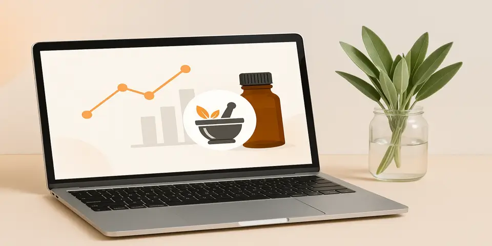 Laptop displaying herbal production analytics and sales dashboard.