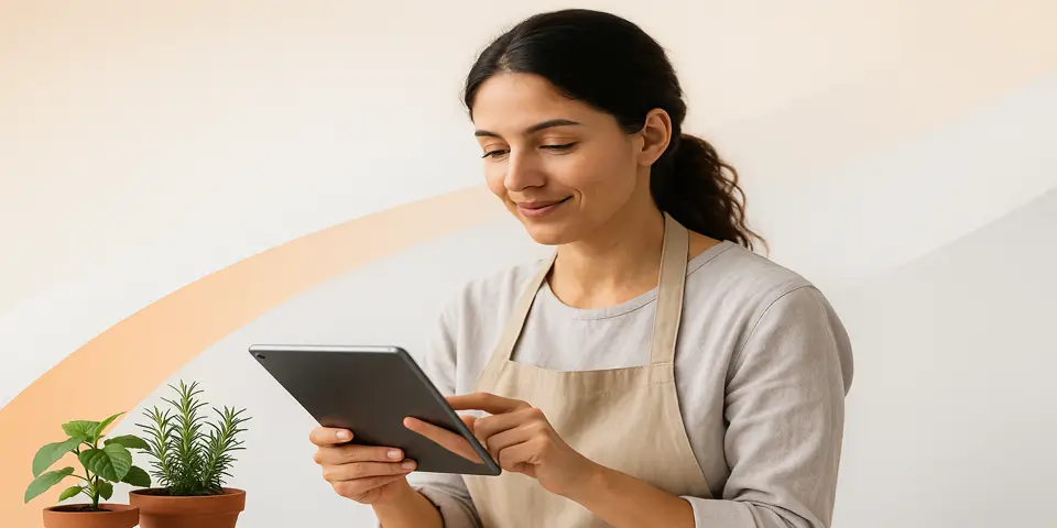 Herbal entrepreneur analyzing digital reports on a tablet.