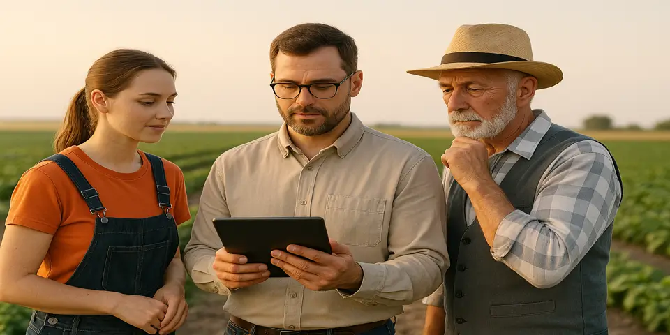 Team of farmers analyzing data using digital tools.