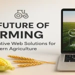 Modern agricultural field with tractors and digital dashboards.