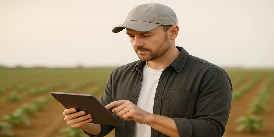 Farmer monitoring crops through a digital tablet.