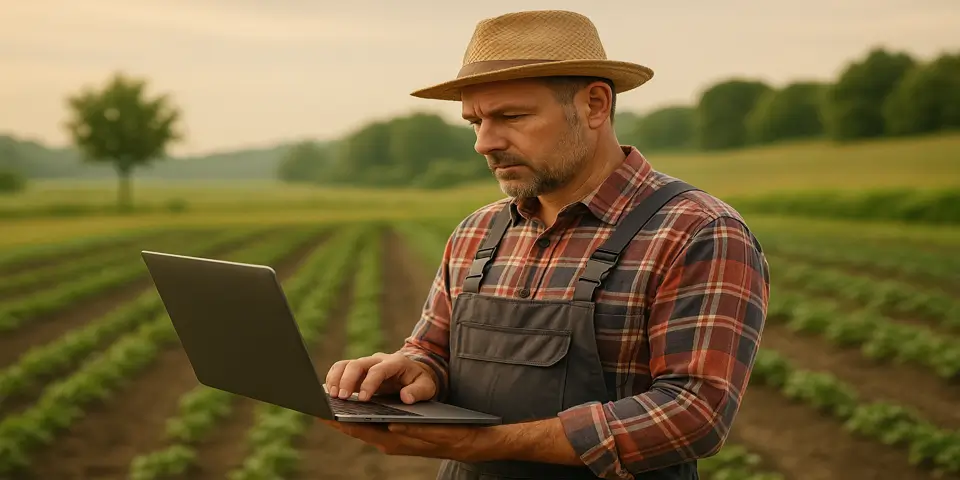 Farmer monitoring crop analytics on a digital tablet.