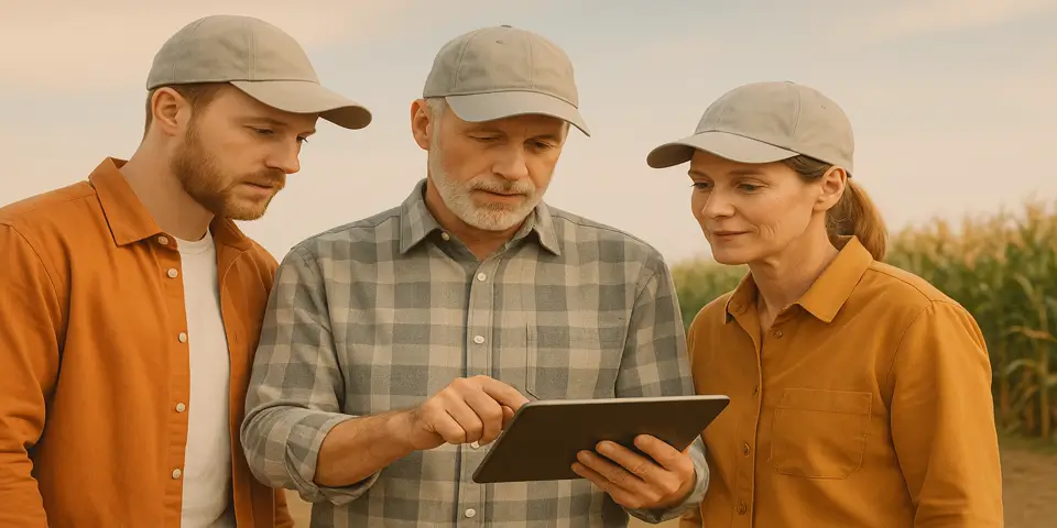 Team of farmers analyzing digital farm data together.