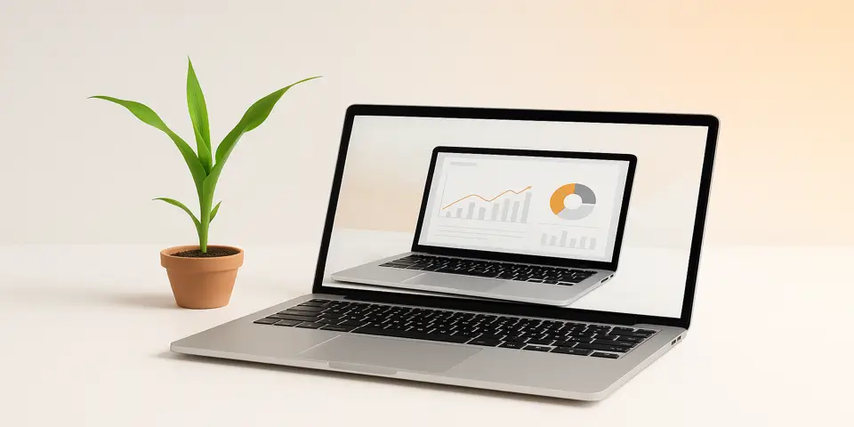 Laptop screen showing agriculture data charts and crop analytics.