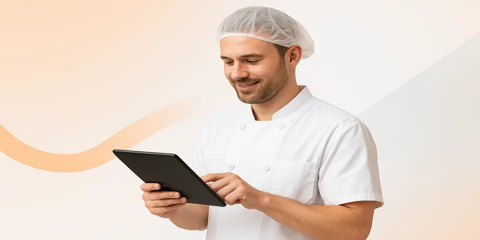 Engineer monitoring AI-driven food manufacturing analytics on a digital screen.