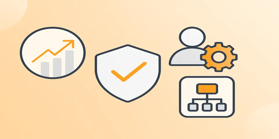 Abstract digital network with modern tech shapes and orange gradient.