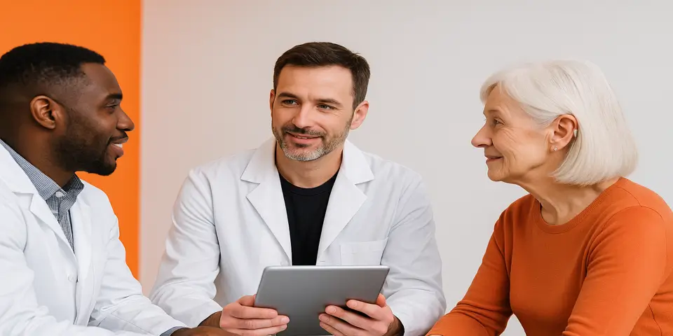 Team discussing AI applications in audiology on laptop screens.