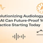 AI-powered innovation in audiology with centered title and soundwave visuals.