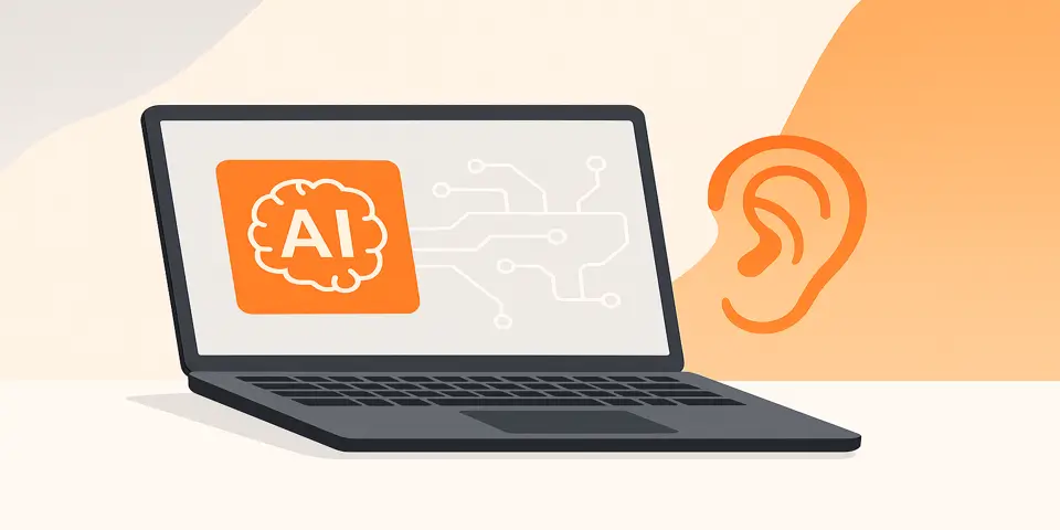 Laptop displaying AI analytics and audiology performance graphs.