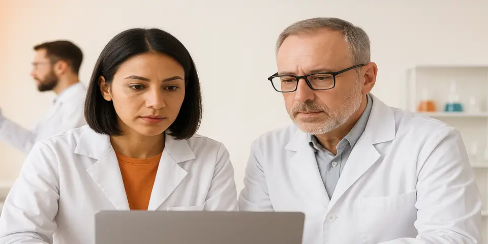 Scientists collaborating on AI research in a biotech laboratory.