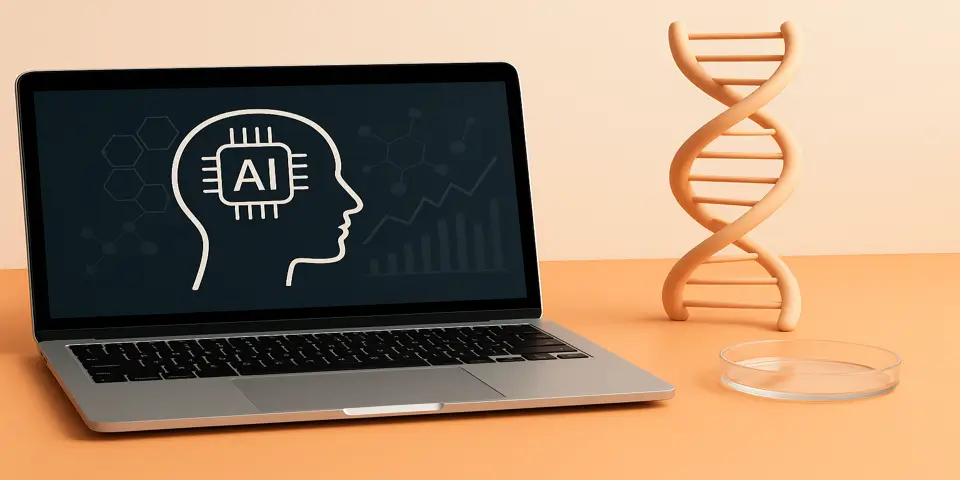 Laptop screen displaying biotech analytics and AI visualizations.