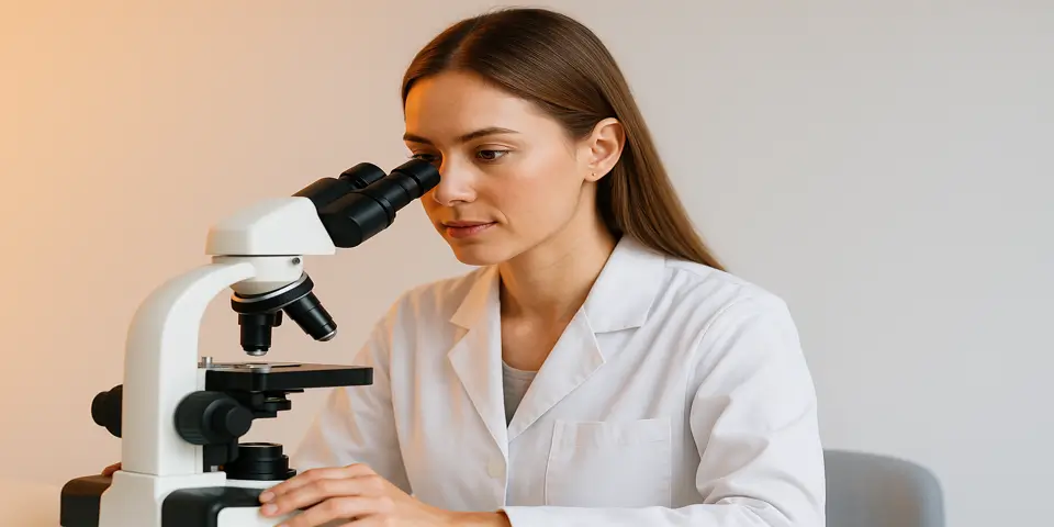 Researcher analyzing AI-generated biotech data on a computer.