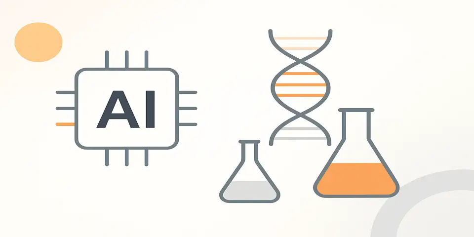 Abstract digital design with AI and biotech-themed patterns.