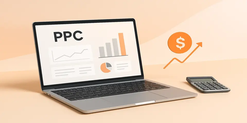 Laptop displaying PPC analytics dashboard with performance graphs.