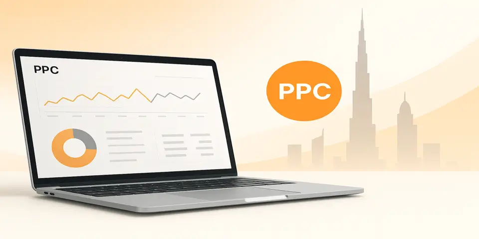 Laptop displaying PPC campaign performance dashboard.
