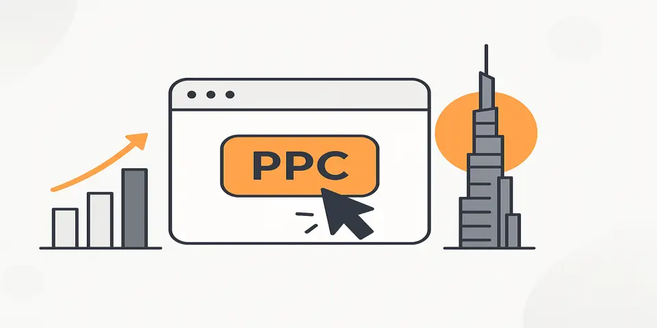 Abstract gradient with marketing-inspired icons and digital elements.