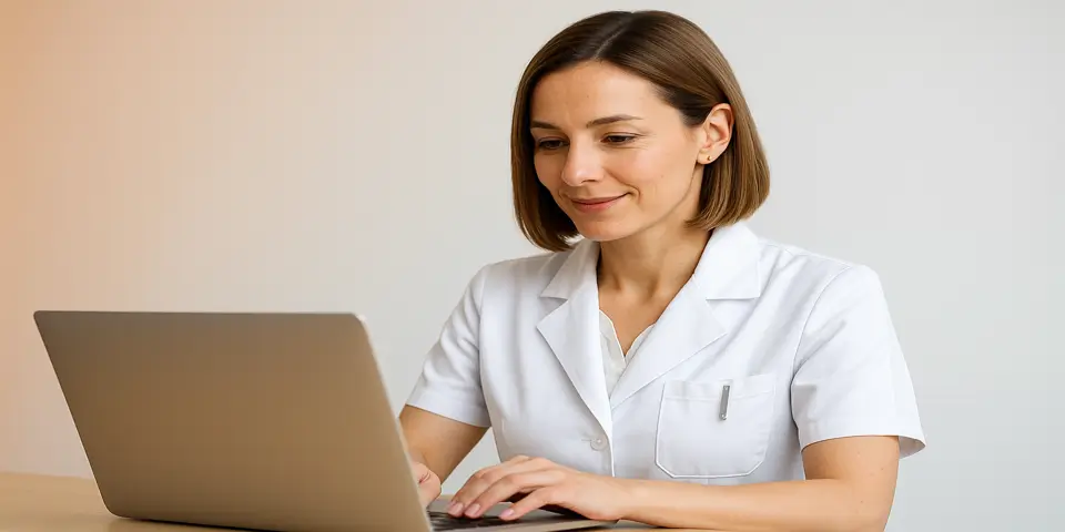 Dentist reviewing online analytics on a laptop screen.