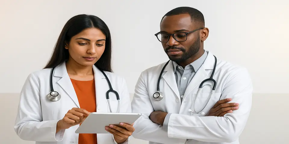 Doctors collaborating with AI systems in a medical environment.