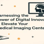 Center-aligned blog title surrounded by digital healthcare visuals in modern orange and grey tones.