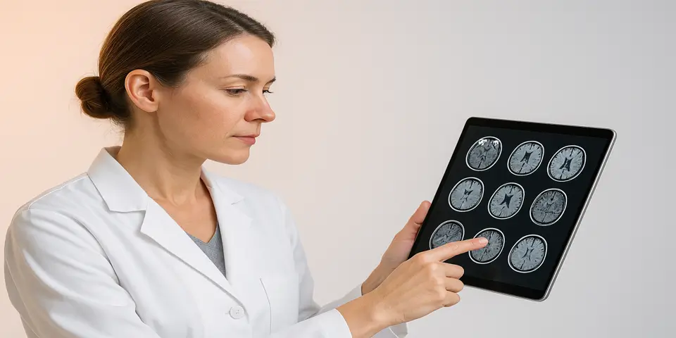 Professional analyzing medical data on a digital device.