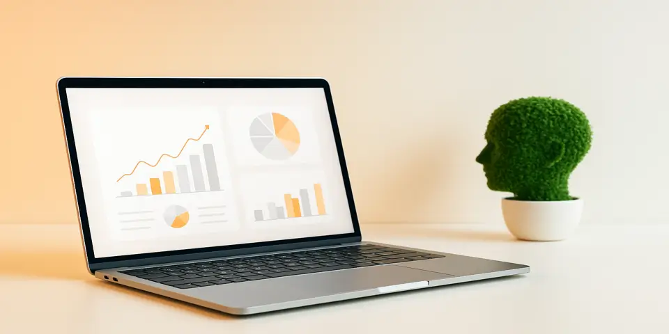 Laptop screen displaying digital marketing metrics and performance charts.